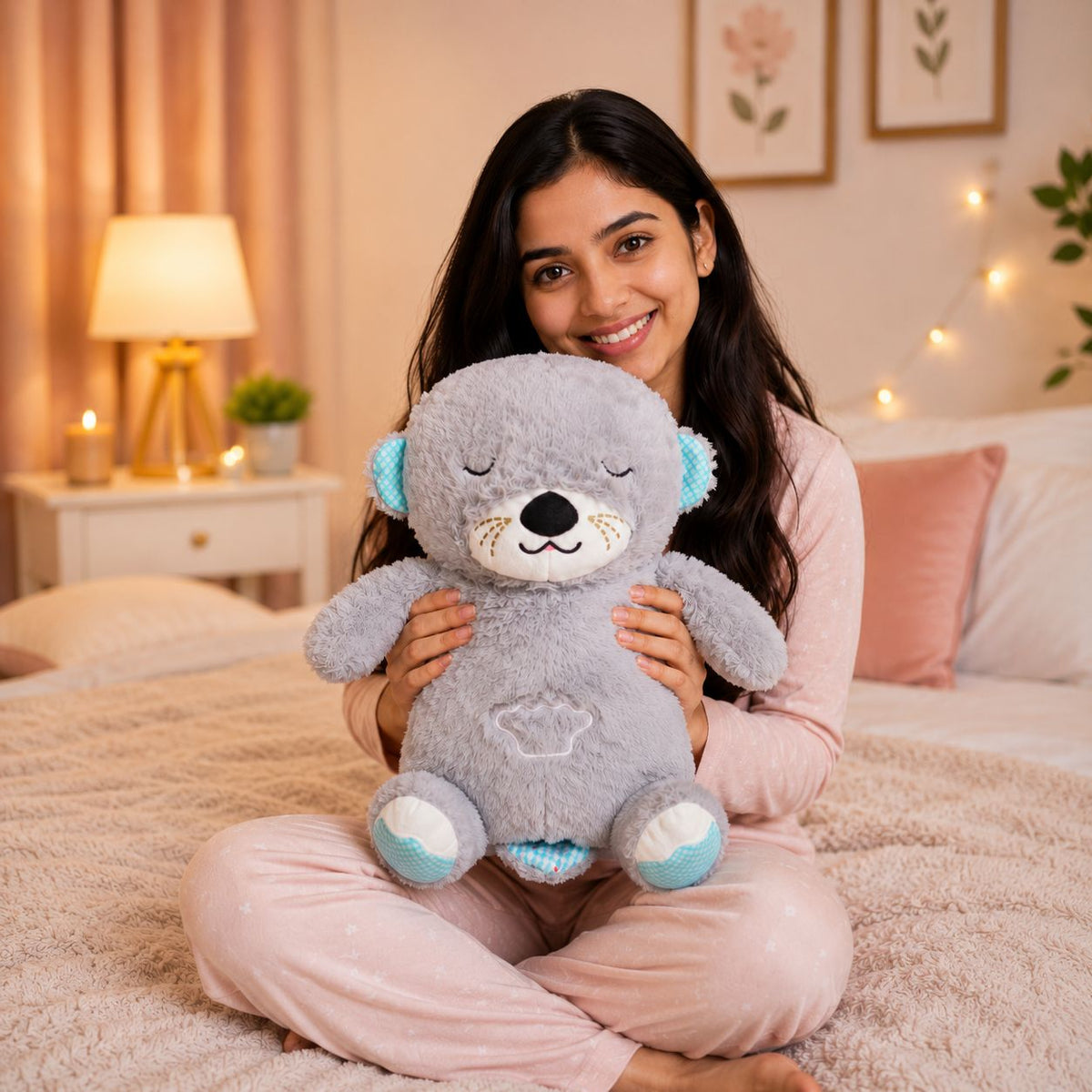 HonneyHearts Grey Sleeping Otter Plush Toy with Soft Glow Light