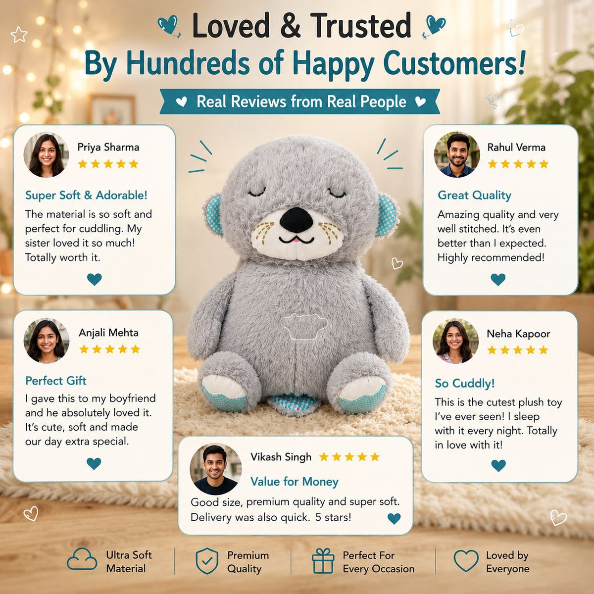 HonneyHearts Grey Sleeping Otter Plush Toy with Soft Glow Light