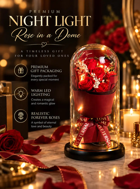 Eternal Bloom™ – Illuminated Red Rose Glass Dome
