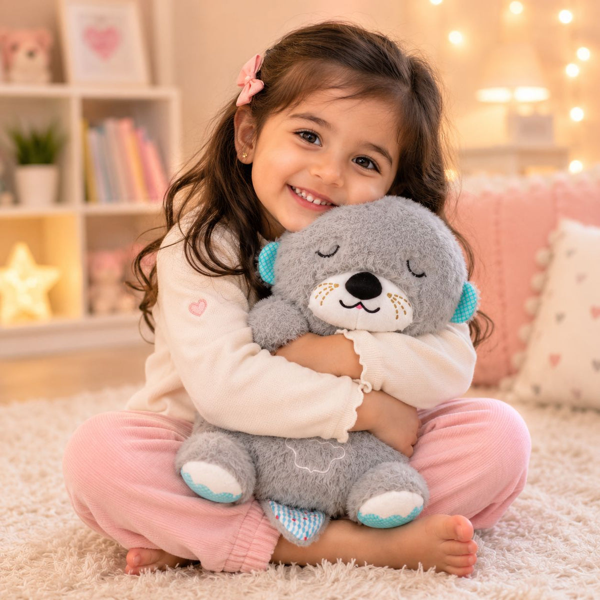 HonneyHearts Grey Sleeping Otter Plush Toy with Soft Glow Light