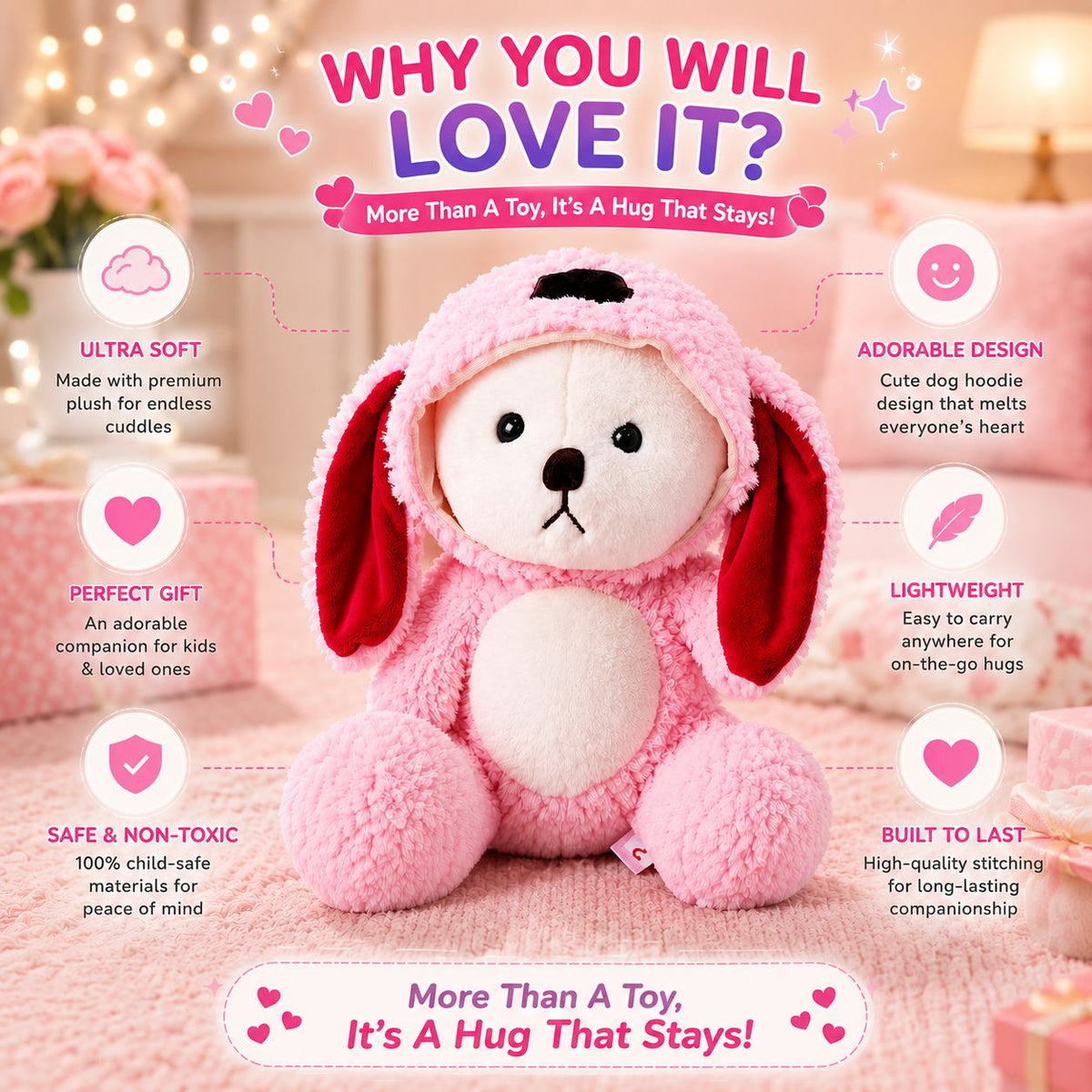 HonneyHearts Pink Puppy Plush Toy 30 cm | Cute Soft Toy Gift for Kids & Girls