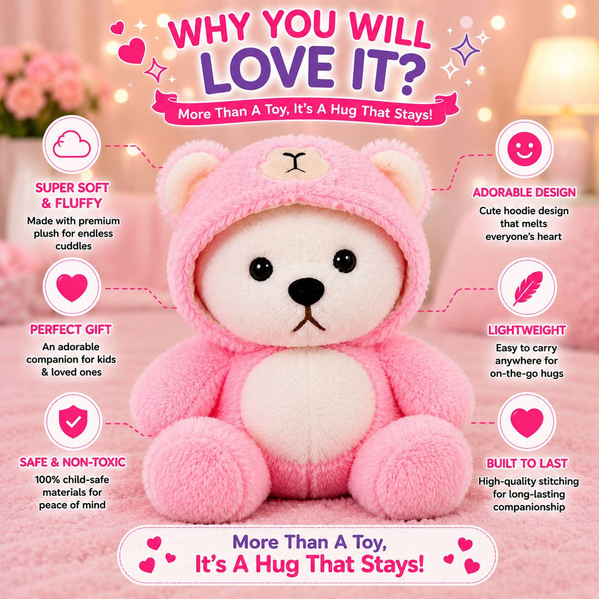 HonneyHearts Pink Bear Hoodie Plush Toy
