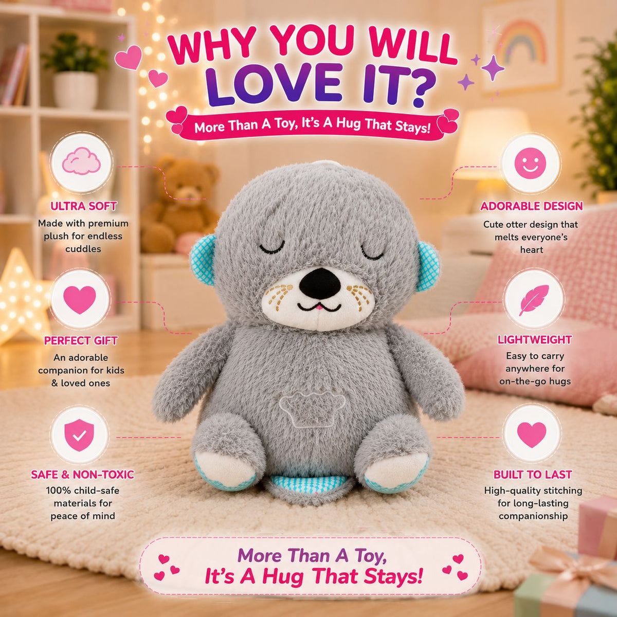 HonneyHearts Grey Sleeping Otter Plush Toy with Soft Glow Light