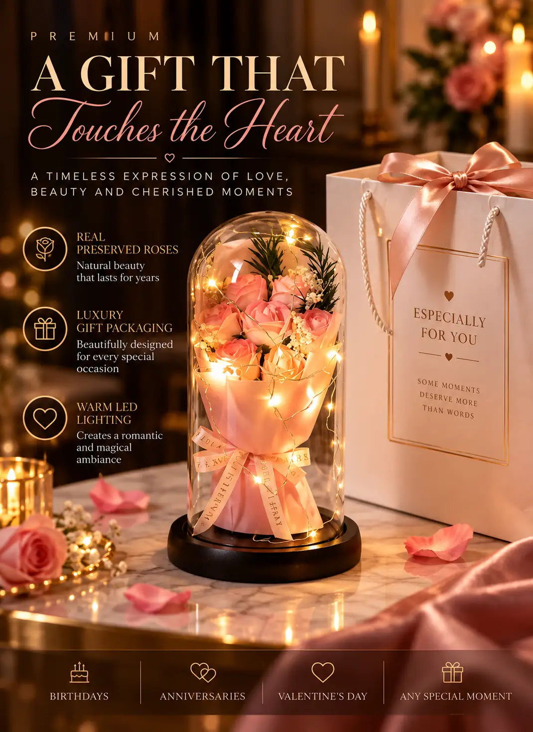 Eternal Bloom™ – Illuminated Pink Rose Glass Dome