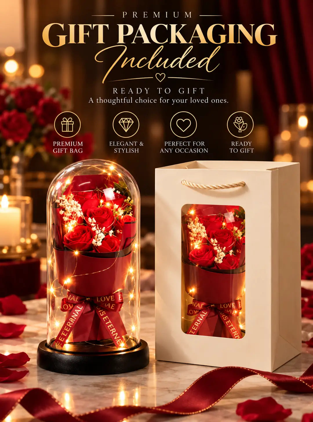 Eternal Bloom™ – Illuminated Red Rose Glass Dome