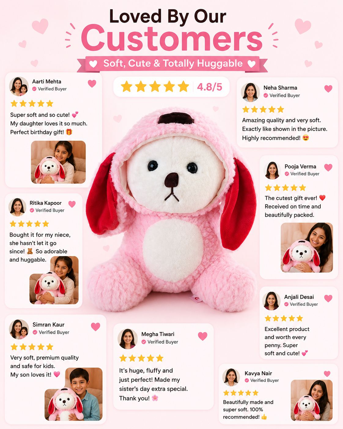 HonneyHearts Pink Puppy Plush Toy 30 cm | Cute Soft Toy Gift for Kids & Girls