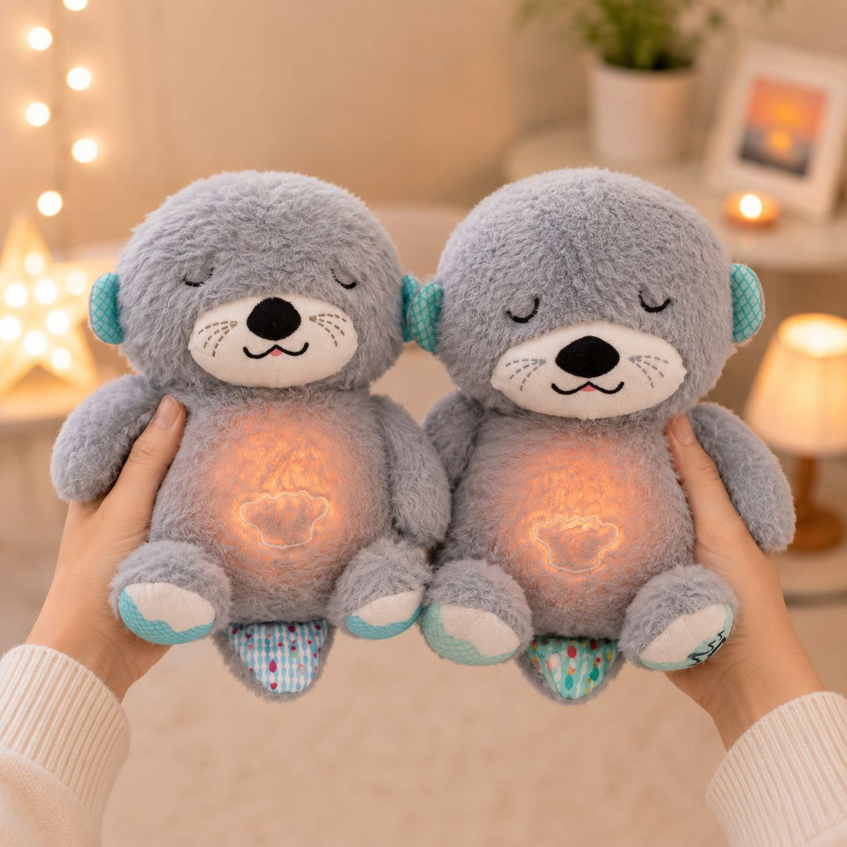HonneyHearts Grey Sleeping Otter Plush Toy with Soft Glow Light